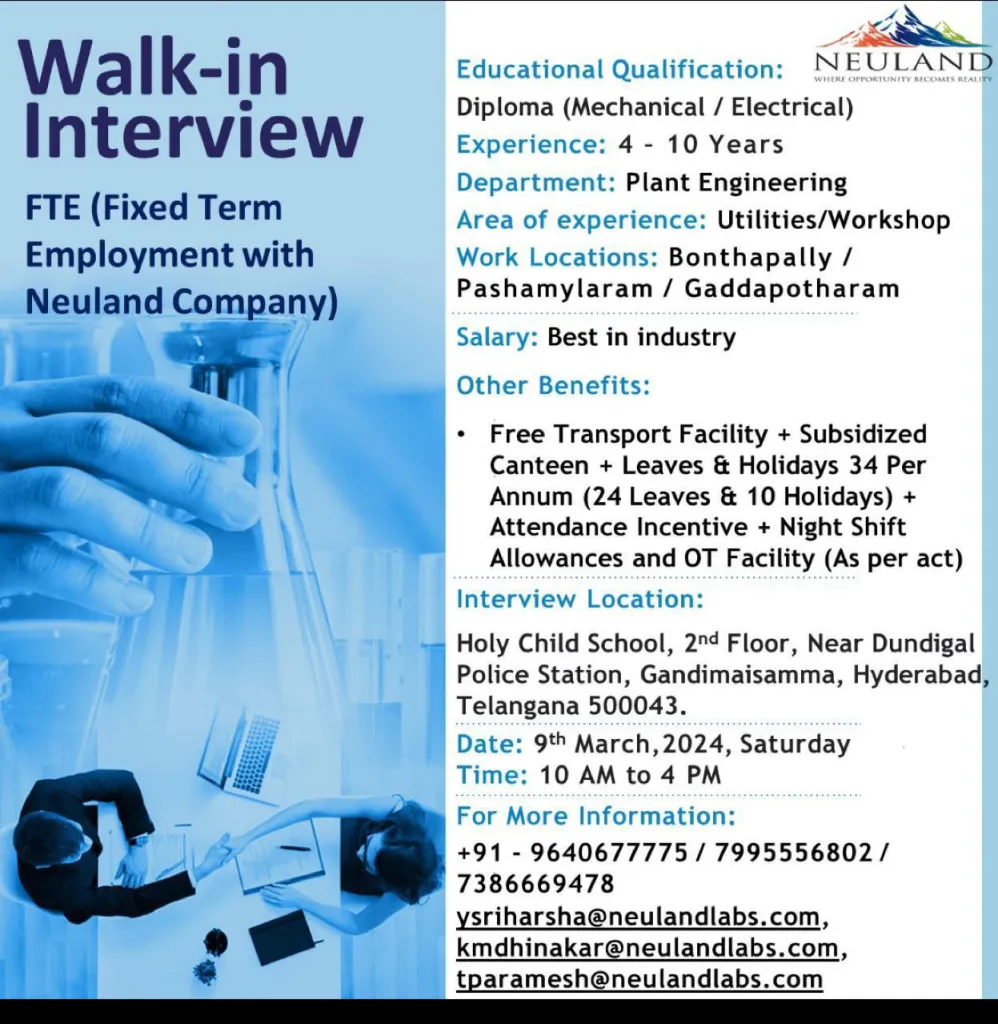 Neuland Laboratories - Walk-In Interview for Plant Engineering on 9th Mar 2024